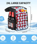 Insulated Cooler Backpack For 40 To 50 Cans Leakproof Lunch Tote For Men And Women Portable Beach Picnic Travel Work Camping And Hiking Cooler Bag Spacious Durable Black Great For Road Trips And Weekend Adventures shown with 40 cans and bottles inside.
