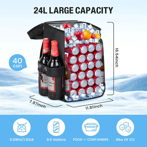 Insulated Cooler Backpack For 40 To 50 Cans Leakproof Lunch Tote For Men And Women Portable Beach Picnic Travel Work Camping And Hiking Cooler Bag Spacious Durable Black Great For Road Trips And Weekend Adventures shown with 40 cans and bottles inside.