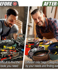 Before and after of tool storage with Must-Have Six Color Canvas Tool Bags Set 11.2x7 Inch Heavy Duty Zipper Pouches For Tools And Gear.
