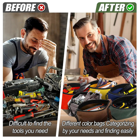 Before and after of tool storage with Must-Have Six Color Canvas Tool Bags Set 11.2x7 Inch Heavy Duty Zipper Pouches For Tools And Gear.