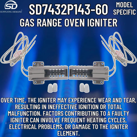 Gas Range Oven Igniter Replacement 120V WP7432P143-60 with ceramic wire connectors on blue background