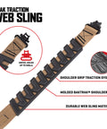 Baktrak Traction Web Rifle Sling 36 Inch With 500Lb Swivels Slim Non Slip Pad in tan and black, showing shoulder grip system.