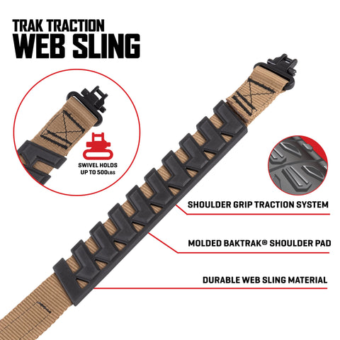 Baktrak Traction Web Rifle Sling 36 Inch With 500Lb Swivels Slim Non Slip Pad in tan and black, showing shoulder grip system.