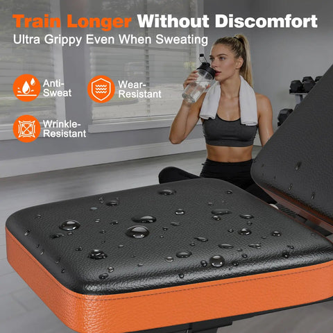 Close-up of black and orange seat of Adjustable Weight Bench With Squat Rack For Home Gym Use 770Lb Heavy Duty Olympic Bench Press.