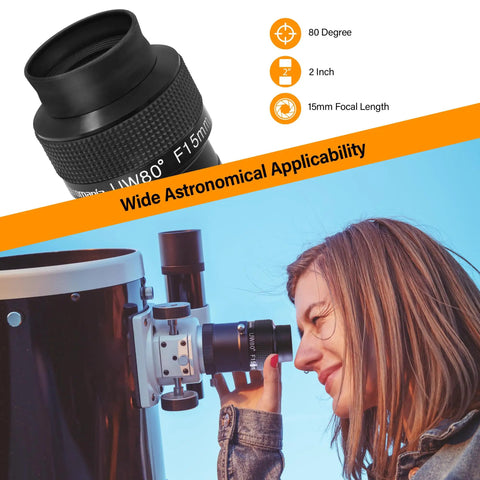 Two Inch 15mm Ultra Wide 80 Degree Eyepiece With Fully Multi Coated Optics For Astronomy And Stargazing in use by telescope