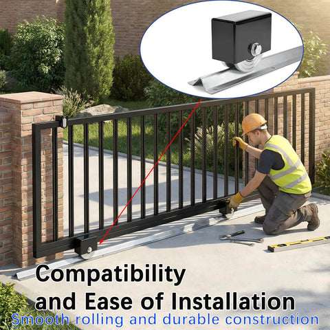 Worker installing Heavy Duty Extra Wide 3.5-Inch V-Track For Sliding Gates, Universal Ground Track Kit In Galvanized Steel