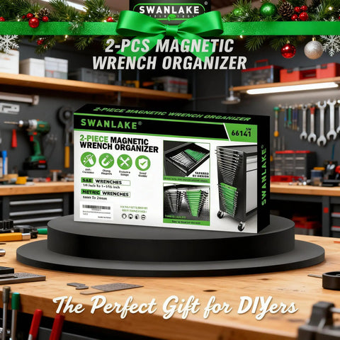 Box of Magnetic Wrench Organizer Set Two Piece With 32 Slot Drawer Storage in workshop, showing product images and features.