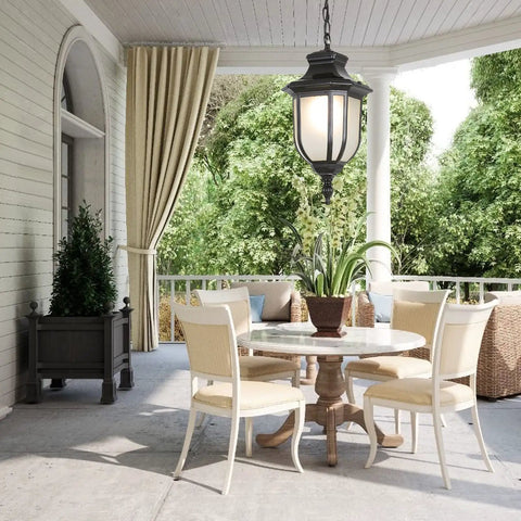 Modern Outdoor Pendant Lights Waterproof Aluminum Fixture With Bubble Glass Shade In Industrial Black Finish on patio.