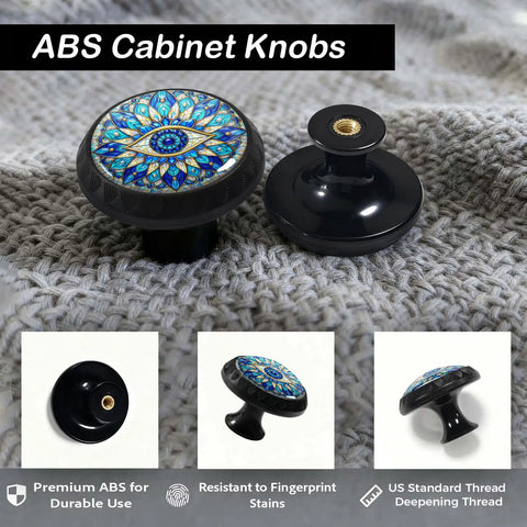 Boho Mandala Evil Eye Cabinet Knobs 4 Pack For Kitchen And Bathroom, Stained Glass Mosaic Design in blue and gold on fabric