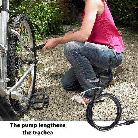 Heavy Duty Universal Air Pump Hose Extension With Leak Free Double Layer Material Versatile Valve Adapter Keeps Knot Free Ensuring Solid Performance Easy Storage Handle Car And Ball Inflation Tasks Without Breaking the Bank At All Right Now. Woman inflating bike tire with black TPU hose extension