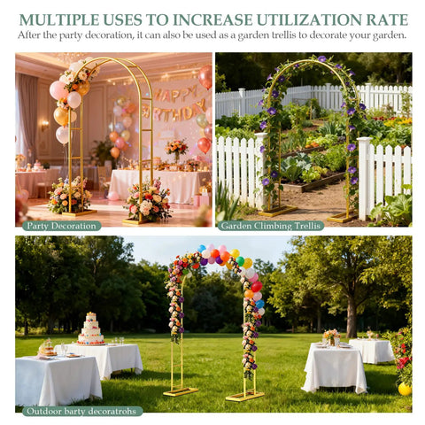 Heavy Duty Balloon Arch Stand 7.2Ft By 4.3Ft Metal Garden Arch Trellis in gold with balloons, garden setting and wedding decor