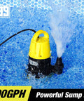 Submersible Sump Pump 1/2HP Portable Water Pump 2500GPH in action in a pool with water spray, yellow and black design