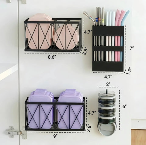 4 Pack No Drill Cabinet Door Lid Organizer For Plastic And Tumbler Lids Wall Mounted Kitchen Storage With Magnetic Straw Holder features pink and purple containers.