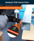 Built Different 3 Piece TiCN Carbide Oscillating Multi Tool Blade Set cutting through metal with TiCN-coated teeth.