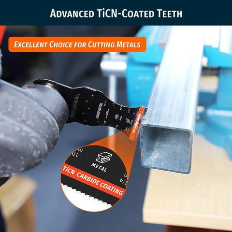 Built Different 3 Piece TiCN Carbide Oscillating Multi Tool Blade Set cutting through metal with TiCN-coated teeth.