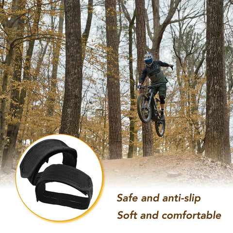 Cyclist jumping in forest with inset of 1 Pair Bike Pedal Straps For Fixed Gear, Mountain And Road Bikes Durable Nylon Toe Clips.