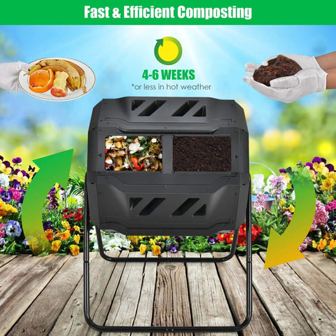 43 Gallon Composting Tumbler With Dual Chamber Design And Two Sliding Doors for Continuous High Volume No Fuss Backyard Composting.