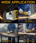 RhovixStar cordless brushless angle grinder in yellow/black; metal cutting, grinding, polishing, wood grinding