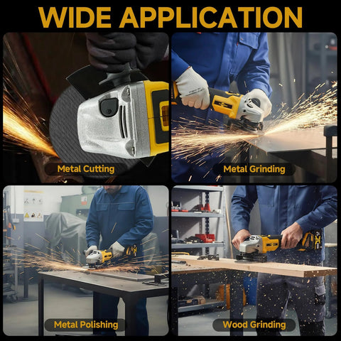 RhovixStar cordless brushless angle grinder in yellow/black; metal cutting, grinding, polishing, wood grinding