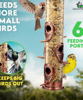 Outdoor Bird Feeder With Locking Lid And Chew Proof Metal Copper Finish, Six Port Hanging Feeder For Outdoors, shown with small birds feeding
