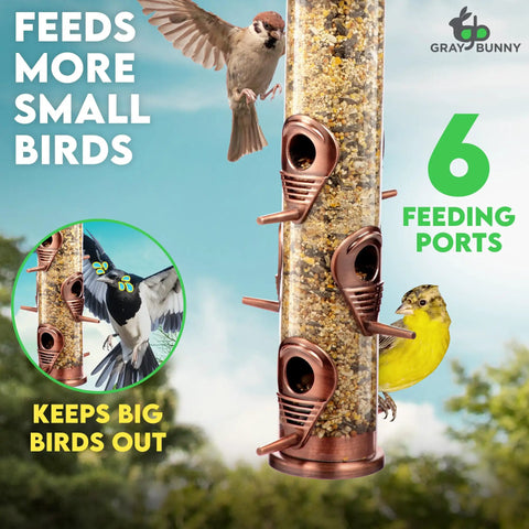 Outdoor Bird Feeder With Locking Lid And Chew Proof Metal Copper Finish, Six Port Hanging Feeder For Outdoors, shown with small birds feeding