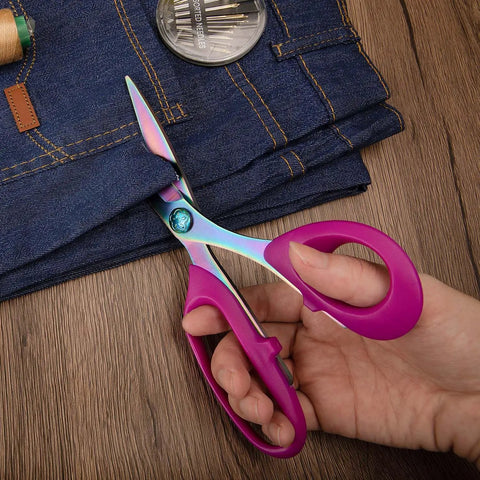 Heavy Duty Titanium Coated Stainless Steel Multi Purpose Sewing Scissors For Fabric And Leather Go To Everyday Workhorse For Tailoring Quilting Dressmaking Home Office Art And School Eight Inch, pink grips, cutting denim