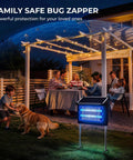 Outdoor Solar Bug Zapper With 4500V Electric Grid And 10W Solar Panel installed in backyard next to family gathering