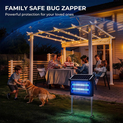 Outdoor Solar Bug Zapper With 4500V Electric Grid And 10W Solar Panel installed in backyard next to family gathering