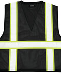 Men's Black Hi Vis Safety Vest With Six Spacious Utility Pockets And Cooling Mesh Back, bold reflective stripes on the back.