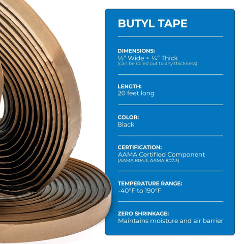 Durable Pro Grade Butyl Sealant Tape roll specs and features for Auto RV Marine and Window Glazing, 20 ft by 1/2 in by 1/4 in