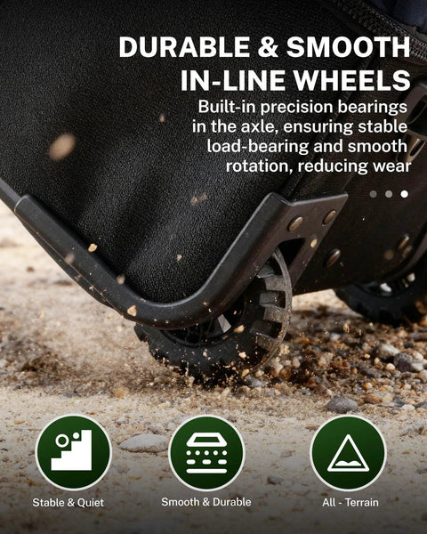 Close-up of wheel on Gonex 30-inch green nylon rolling duffle bag