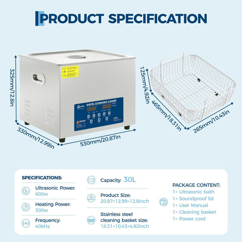 Product specification of Heavy Duty 30L Commercial Ultrasonic Cleaner With Built In Heater Digital 40kHz Timer And 304 Stainless Steel.