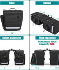 50L Expandable Rear Rack Bike Bag With Rain Cover And Multiple Pockets Water Resistant Saddle Panniers showing dimensions and capacity