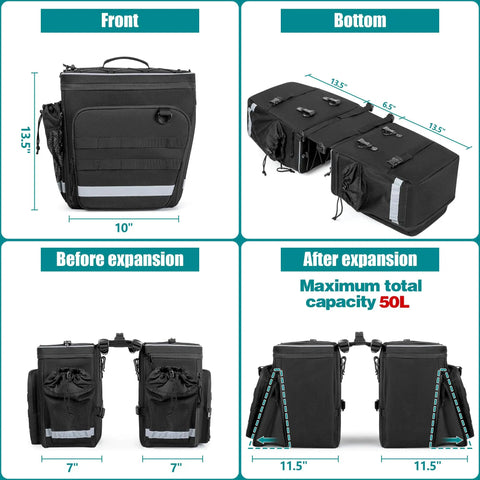 50L Expandable Rear Rack Bike Bag With Rain Cover And Multiple Pockets Water Resistant Saddle Panniers showing dimensions and capacity