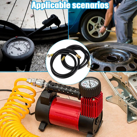 Hella Sturdy 2 Pack Air Tank Repair Kit Featuring Heavy Duty Rubber Hose Assembly And Precision Filler Chuck For Portable Carry Tanks showcased with air compressor and tire gauge.