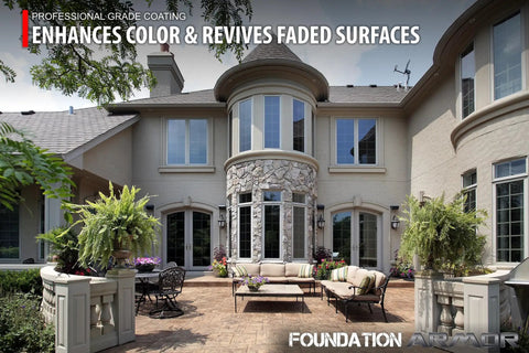 Heavy Duty Concrete And Paver Sealer Packing A Killer Low Gloss Wet Look Finish Top Shelf Color Boosting Solvent Based Acrylic Formula For Exterior Slabs And Patios 5 Gallon Size shown in outdoor patio setting with stone features.