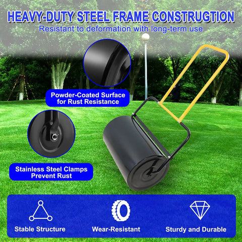40L Heavy Duty Lawn Roller with U Shaped Handle for leveling grass on lawns, showing steel frame and rust-resistant features.