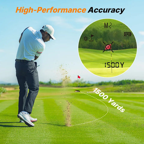 Golfer using Slope Golf Rangefinder With 1500 Yards Range And 7X Magnification For Golf And Hunting, showing distance to flag.