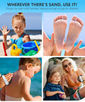 Beach Sand Remover Tool For Family Trips And Travel Must Have Gear To Clean Towels Pets And Gear After A Beach Day Easy Cleanup On Vacation Cruise Lake Or Shore. Children playing on beach and adults using sand remover on skin.