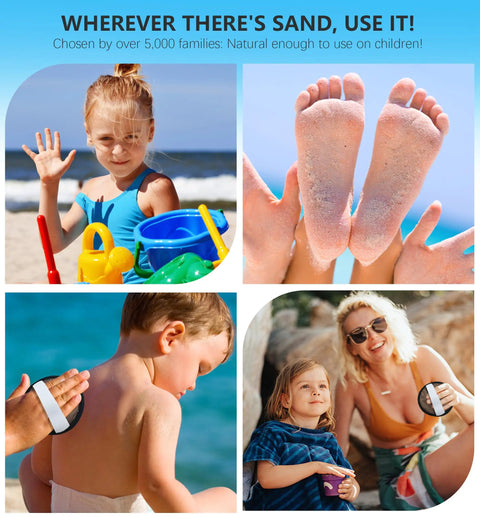 Beach Sand Remover Tool For Family Trips And Travel Must Have Gear To Clean Towels Pets And Gear After A Beach Day Easy Cleanup On Vacation Cruise Lake Or Shore. Children playing on beach and adults using sand remover on skin.