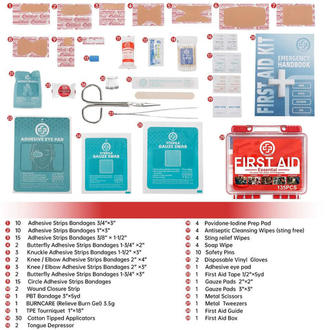 135 Piece Hard Case First Aid Kit For Home Car Travel Camping Hiking Truck Sports Office And Outdoor Emergencies On The Go With Latex Free Bandages Wipes Gloves Tourniquet Tweezers And More displayed with contents