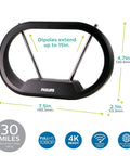Indoor TV Antenna With 15 Inch Extendable Dipoles For Local Channels No Cable Needed 4K 1080P VHF UHF Digital HDTV Reception Tabletop Antenna For Smart TV Includes 4 Ft Coax Cable Black, showing dimensions and features