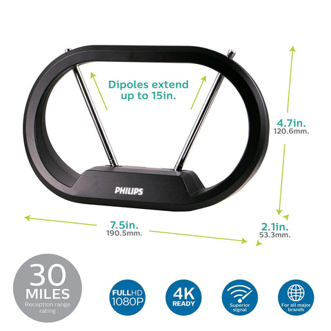 Indoor TV Antenna With 15 Inch Extendable Dipoles For Local Channels No Cable Needed 4K 1080P VHF UHF Digital HDTV Reception Tabletop Antenna For Smart TV Includes 4 Ft Coax Cable Black, showing dimensions and features