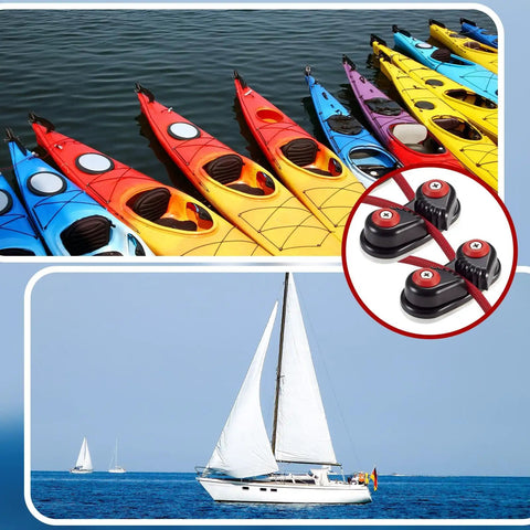 3 Pack Kayak Cam Cleats Aluminum Rope Cleats For Boats Fast Entry Dock Cleats Works With Lines Up To 5 Eighths Inch Must Have For Kayaks Sailboats Dinghies Canoes And Small Boats shown next to colorful kayaks and a sailboat on water.
