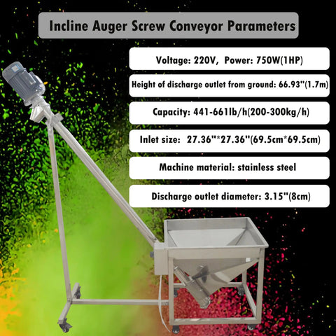 Beefy Stainless Steel Vertical Screw Conveyor Feeder With Inclined Auger For Granules And Powder, 66.9 Inch Lift, 220V shown