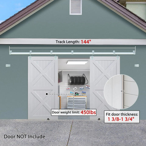 Exterior Sliding Barn Door Hardware Kit For 12 Ft Double Doors, Heavy Duty Track Kit, Wall Mount, Silver Finish shown installed