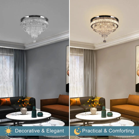 Modern Crystal Chandelier With Four Tier Hourglass Design, dimmable LED, installed in living room, warm 2700K white glow.