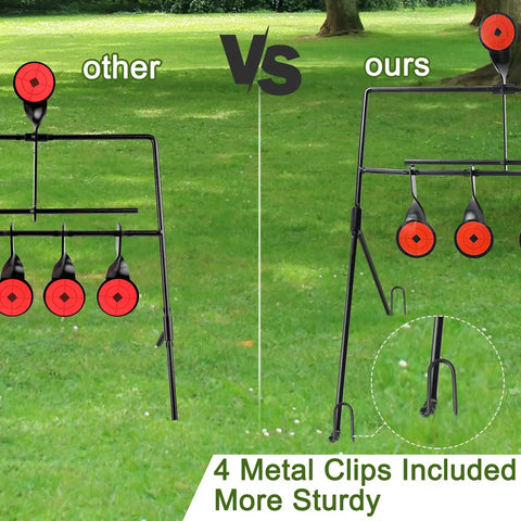 Comparison of Auto Resetting BB Gun Targets For .177 And .20 Caliber with stickers, showing target stability and metal clips.
