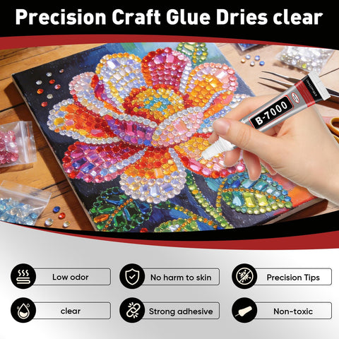 Hand using clear nail glue with precision tip for rhinestones and nail art, jewelry making, DIY crafts, makeup and shoes on canvas.