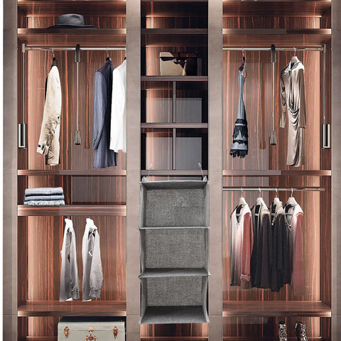 Image of a Three Tier Hanging Wardrobe Organizer With Slick Foldable Linen Fabric And Heavy Duty Hooks for closet space saving.